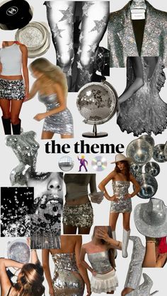 a collage of silver and white outfits with the words, the theme is disco