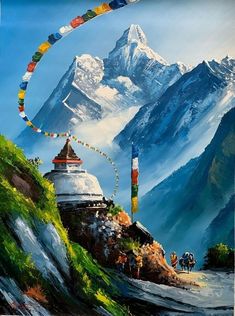 a painting of mountains with people walking on the path