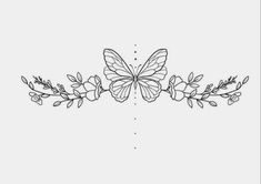 a line drawing of a butterfly with leaves and flowers on it's back side