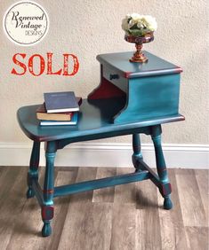 THIS PIECE IS SOLD AND IS SHOWN HERE AS AN EXAMPLE OF THE TYPE OF WORK WE DO. PLEASE CONTACT US IF INTERESTED IN CUSTOM ORDERING A SIMILAR PIECE.  Adorable table updated in boho style. Painted dark teal with red and blue accents and sealed for durability. Don't be fooled though - it's incredibly sturdy and very well built. Perfect as a side table or night stand. * * Shipping within contiguous U.S. only * * Discount for local pickup: Please visit our workshop - we love to meet our customers in pe Vintage Telephone Table, Teal Table, Side Table Makeover, Antique Telephone, Antique Side Table, Furniture Fix, Side Table With Drawer, Telephone Table, Table Makeover