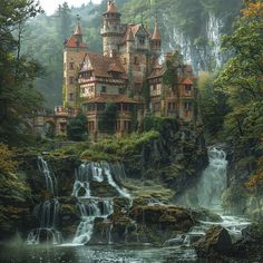 an image of a castle in the woods with waterfall coming out from it's side