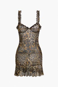 an animal print dress with ruffles on the bottom and straps at the waist