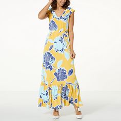 IMAN Global Chic Drapey Knit Tiered Maxi Dress  Step into the season looking your best in this classic summer style with a plunging V-neckline, encased waistband and ruffles galore. Classic Summer Style, Floral White, Tiered Maxi Dress, Draped Fabric, Retro Floral, Yellow Floral, Shoulder Length, Color Choices, Summer Style