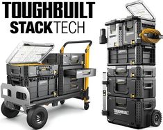 this is an advertisement for the toughbuilt stacktech truck, which has been designed to look like it's on wheels