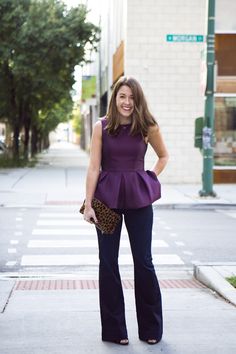 Plum pleated peplum top Purple Top Work Outfit, Purple Peplum Top, Peplum Shirts For Women, Peplum Top For Jeans, Styling Peplum Top, Peplum Top Outfits 2023, How To Style Peplum Tops, Peplum Top Outfits Dressy, Peplum Blouse Outfit