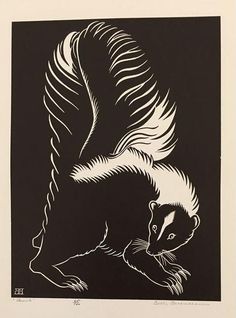 an ink drawing of a squirrel on a black and white background, with the tail curled up