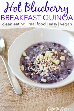 blueberry breakfast quinoa in a white bowl