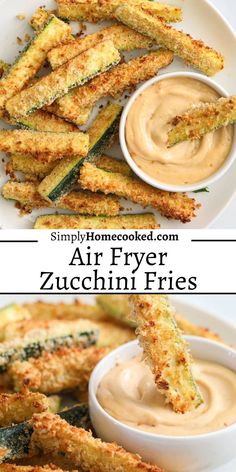 zucchini fries on a plate with dipping sauce in the middle and an image of air fryer fried zucchini fries