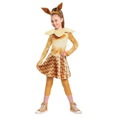 From the popular Pokemon video game you can bring your favorite fox like Pokemon character to life Become one of the rarest Pokemon of all times when you dress up in this cute Pokemon Deluxe Eevee costume The Nintendo Girl s Pokemon Eevee Deluxe Child costume features a brown dress with zig zag sparkly details on skirt attached tail collar leggings and headband with ears Shoes not included Features . Girls Eevee Deluxe Child Costume. Soft character ears attached to a headband. Glittery zig zag design on skirt. Elastic waistband on leggings. Hook and loop closure on back of dress Care Instructions . Hand Wash Specifications . Size Small 4 6X. Gender Girls. Material 90 Polyester 10 Polyurethane Eevee Costume, Pokemon Video, Pokemon Costumes, Popular Pokemon, Book Week Costume, Fancy Dress Up, Pokemon Eevee, Fantasias Halloween, Dress Halloween Costume