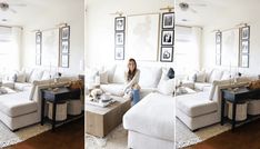 two pictures of a woman sitting on a couch in front of a white sofa and coffee table