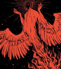 an orange and black drawing of a person with wings in the air, surrounded by flames