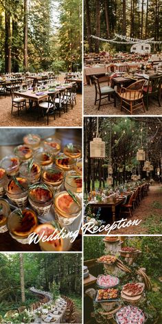 a collage of pictures showing different types of food in the woods and picnic tables