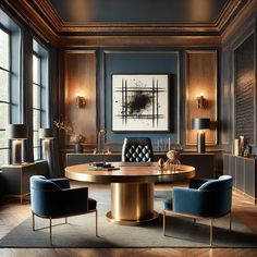 an elegant living room with blue chairs and wood paneled walls, along with a round dining table