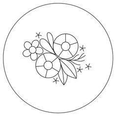 a black and white drawing of flowers in a circle on a white background with stars