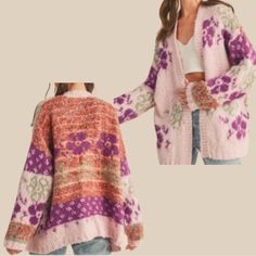 Multi Floral Pattern Open Front Silhouette Ribbed Hemlines Drop Shoulder Long Sleeve With Ribkoff Fuzzy Textured Knit Polyester/Acrylic New Sizes Available Sml Oversized Purple Fall Cardigan, Casual Purple Soft Knit Cardigan, Oversized Purple Cardigan For Fall, Trendy Oversized Purple Cardigan, Oversized Purple Knit Cardigan, Oversized Purple Long Sleeve Cardigan, Oversized Purple Casual Cardigan, One Size Pink Cardigan For Fall, Casual Purple Knitted Cardigan