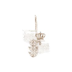 a cross with a crown hanging from it's side on a white background that has words written all over it