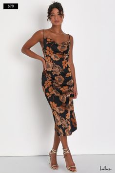 Make the most of any elegant evening by wearing a sensational look like the Lulus Favorite Icon Black Floral Satin Cowl Neck Slip Midi Dress! Luxe woven satin boasts a unique, vintage-inspired floral print throughout as it shapes a sleeveless bodice with a draping cowl neckline and adjustable spaghetti straps. The sexy, slip-style silhouette will effortlessly flatter your figure as it continues down to a sophisticated midi hem. Hidden back zipper/clasp. Fit: This garment fits true to size. Length: Mid-calf length. Size medium measures 44" from top to bottom. Bust: Great for any cup size. Waist: Fitted - very fitted at natural waist. Hip: Loosely Fitted. Undergarments: May be worn with a strapless bra, adhesive bra, petals, or no bra. Fabric: Fabric has no stretch. Lined. Shell: 100% Polyes Floral Satin Dress, Wedding Guest Outfit Fall, Slip Midi Dress, Fall Wedding Guest Dress, Lulu Fashion, Guest Attire, Wedding Attire Guest, Cocktail Attire, Wedding Outfits