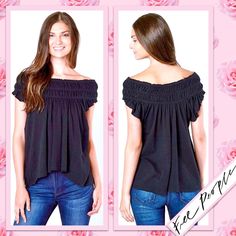 Free People We The Free Coconut Smocked Off-The-Shoulder Tee In Black ~ Smocked, Shirred Top ~ Flirty & Flattering Silhouette ~ Swing Tee Styling ~ Relaxed, Flowy Fit ~ Pullover ~ Ruched, Shirred Detail At Neck ~ Ruffled Cap Sleeves For Fluttery, Airy Feel ~ Raw Edges ~ Hits At Hip Wear As Scoop Neckline Or Off-The-Shoulder! Also Available In Pink! 100% Rayon Machine Wash Cold Off-shoulder Top With Smocked Bodice For Fall, Off-shoulder Tops With Smocked Bodice For Fall, Off-shoulder Smocked Bodice Top For Fall, Spring Black Top With Smocked Bodice, Black Top With Smocked Bodice For Spring, Casual Black Smocked Top For Summer, Black Stretch Smocked Top Casual, Summer Black Tops With Elastic Shoulders, Summer Black Blouse With Smocked Back