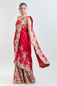 Red pre-draped saree with multi colored floral embroidery. Comes with floral embroidered unstitched blouse piece. - Aza Fashions Draped Saree, Anamika Khanna, Drape Saree, Floral Color, Cut Work, Blouse Piece, Aza Fashion, Red Floral, Floral Embroidery