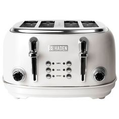 a white toaster with two black knobs on the front and one is open