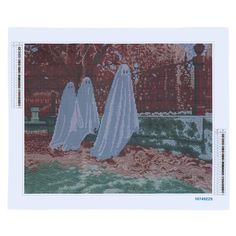 two ghostly ghostes in front of a brick wall with trees and bushes behind them