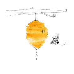 a drawing of a bee and a honeycomb hanging from a branch with two bees on it