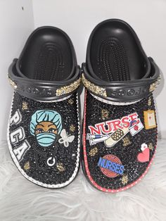 Black and gold nurse custom crocs Custom Crocs, Nurse Design, Raleigh Nc, Womens Slippers, Black And Gold, Festival Season, Accessory Gift, Art Collection, Slippers