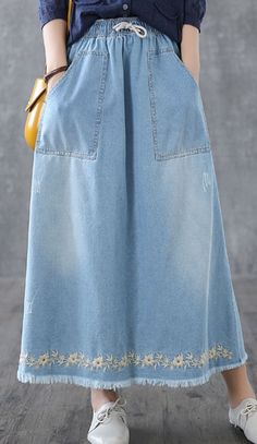 Denim Casual Cotton loose fitting Women's Skirts DZA200632 Skirt Organza, Linen Skirts, Long Sleeve Dresses Fall, Denim Shorts Outfit, Skirts Summer, Simple Skirt, Rock Outfit, Women Skirts, Natural Fabric