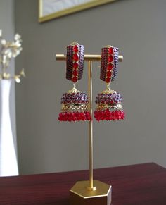 Red & Gold Jhumka Earrings perfect for any Pakistani/Indian wedding event! **All products are handmade and triple checked before shipping to ensure premium quality** Bridal Jhumka, Gold Jhumka, Gold Jhumka Earrings, Jhumka Earrings, Wedding Event, Red Gold, Indian Wedding, Wedding Events, Jewelry Sets