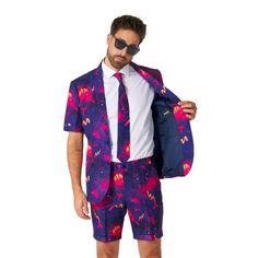 Turn heads in this Men's Suitmeister Summer Retro Beach Party Suit. Turn heads in this Men's Suitmeister Summer Retro Beach Party Suit. FEATURES Including Blazers, Pants and Tie Jacket: 3 front faux pockets, Pants: 2 side functional pockets, 2 back functional pockets Button closure Long sleeve No flyFIT & SIZING 9-in. inseam Slim fitFABRIC & CARE Polyester Lining: polyester Machine wash Imported Size: XXL. Color: Purple. Gender: male. Age Group: adult. Semi-formal Summer Sets With Notch Lapel, Fitted Suits For Summer Parties, Fitted Summer Party Suits, Fitted Multicolor Suits For Party, Tailored Semi-formal Summer Sets, Blue Summer Party Suit, Tailored Sets For Semi-formal Summer Occasions, Semi-formal Fitted Short Sleeve Suits, Summer Party Sets With Notch Lapel