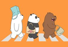 three cartoon bears walking across a crosswalk in front of an orange background with the same bear on it's back