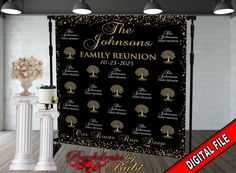 the personalized family reunion banner is displayed in front of a white pillar with flowers