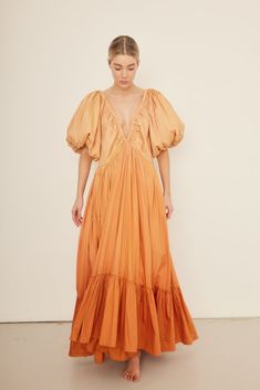 Made from a lightweight silk-cotton blend, the Birthday Gown features our signature dramatic puffed sleeves. Designed in Sydney, handmade ethically in India. Shop online for free shipping. Birthday Gown, Bella Wedding, Cotton Caftan, Orange Ombre, Evening Outfits, Indian Cotton, Puffed Sleeves, Orange Dress