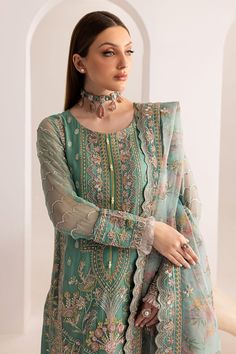 Embroidered Chiffon Shirt Embroidered And Printed Organza Dupatta Raw Silk Trouser Dyed Inner (Attached) Green Organza Blouse With Resham Embroidery, Eid Georgette Tops With Dupatta, Georgette Tops With Dupatta For Eid, Spring Georgette Tops With Floral Embroidery, Eid Georgette Blouse With Floral Embroidery, Embroidered Chiffon Sets With Long Sleeves, Eid Green Top With Floral Embroidery, Embroidered Georgette Blouse For Eid, Eid Organza Blouse With Intricate Embroidery