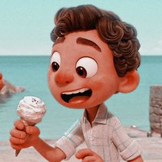 a cartoon character holding an ice cream cone in front of the ocean with his mouth open