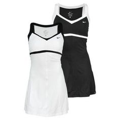 two women's tennis dresses with black and white stripes