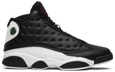 As its moniker suggests . the Air Jordan 13 Retro ‘Reverse He Got Game’ offers a flip on the OG colorway of the sneaker nominally associated with Spike Lee’s 1998 film. Basic black is applied to the mid-top’s tumbled leather toe and side panels . contrasted by a crisp white finish on the rest of the upper. Breaking up the two-tone palette is a green holographic ‘cat eye’ and a red Jumpman logo on the tongue.