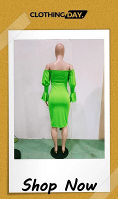 Women Sexy Off Shoulder Balloon Sleeve Dress Green Off-shoulder Bodycon Dress For Party, Green Midi Length Bodycon Dress For Club, Green Stretch Midi Dress For Club, Green Off-shoulder Bodycon Dress For Spring, Green Flirty Cocktail Bodycon Dress, Green Fitted Flirty Midi Dress, Flirty Green Midi Dress For Party, Green Knee-length Bodycon Dress For Club, Green Knee-length Club Dress