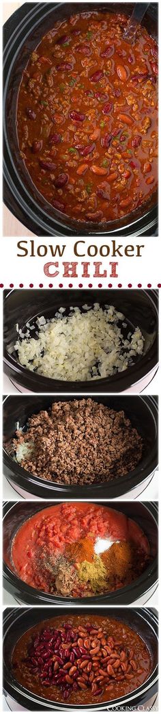 slow cooker chili recipe in four different pans