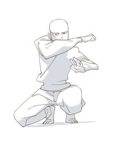 a drawing of a man in white doing martial moves with his hands out to the side