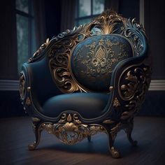 an ornate blue chair with gold trimmings in a dark room by a window