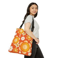 Flower Power Groovy Orange, Mod Daisy, Yellow Flowers Hip Retro Adjustable Tote Bag Add functional perks to an already great fun and funky design and you get a staple for everyday use. With its zippered closure for added safety, and the adjustable straps for extra comfort, this tote bag has it all. .: 100% Spun Polyester.: Available in two sizes: 16''x16'' and 18x18''.: Adjustable strap.: Black interior lining and inner pocket.: Assembled in the USA from globally sourced parts 16" × 16'' 18" × 1 Playful Bags For Everyday Use In Spring, Playful Spring Bag For Everyday Use, Playful Bag For Everyday Use In Spring, Playful Shoulder Bag For Everyday Use In Spring, Playful Everyday Bag For Spring, Fun Bags For Everyday Use In Spring, Fun Everyday Use Spring Bag, Retro Orange Everyday Bag, Retro Orange Shoulder Bag For Everyday