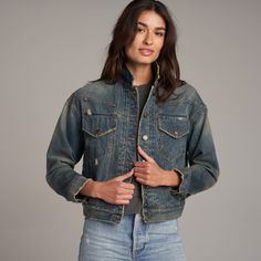 For a limited time, get a free Tyler Tee with your purchase of the Marlie Jean Jacket. Add both to cart and use code MARLIETEE at checkout. The jean jacket is a coveted wardrobe staple we couldn’t do without. With its industrial roots, it has become an iconic element of American fashion, an embodiment of the independence, and freedom that is deeply ingrained in American culture. The Marlie is a twist on tradition, combining details of another American classic, the western denim shirt, to elevate Classic Distressed Dark Wash Denim Jacket, Classic Distressed Denim Jacket For Fall, Everyday Dark Wash Distressed Outerwear, Vintage Denim Jacket With Frayed Hem, Vintage Outerwear With Frayed Hem In Medium Wash, Vintage Medium Wash Outerwear With Frayed Hem, Vintage Outerwear With Frayed Hem For Fall, Vintage Denim Jacket With Frayed Hem In Medium Wash, Vintage Medium Wash Denim Jacket With Frayed Hem