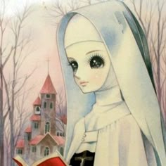 a painting of a nun reading a book in front of a house with a clock tower