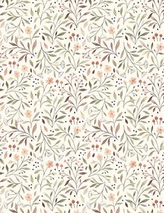 a floral pattern with small flowers and leaves on a white background, suitable for wallpaper or fabric