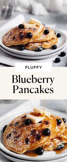 fluffy blueberry pancakes with syrup on top are ready to be eaten and served for breakfast