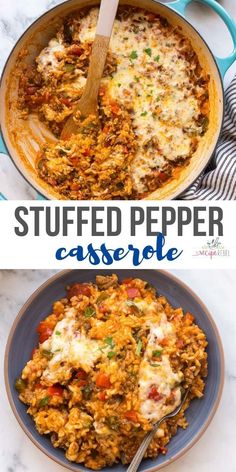 two pictures of stuffed pepper casserole with cheese on top and in the bottom