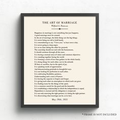 the art of marriage poem print in black frame on white wall with text underneath it