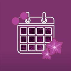 a purple and white calendar with pink flowers on the left side, in front of a purple background