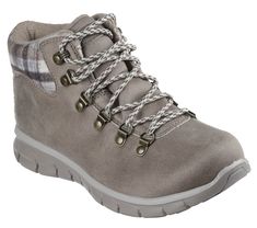 Follow those paths in cozy comfort wearing Skechers Synergy - Plaid Mood. This 3M Scotchgard treated hiker-style sneaker boot features a distressed vegan leather upper with a padded 'plaid blanket' collar and a cushioned Warm Tech Memory Foam insole. | Skechers Women's Synergy - Plaid Mood Boots | Medium Width | Treated with 3M Scotchgard to resist water and stains | Warm Tech Memory Foam cushioned comfort insole is designed to retain body heat | Crafted with 100% vegan materials | Vegan leather Sporty Lace-up Waterproof Boots For Fall, Fall Hiking Sneakers With Round Toe, Fall Lace-up Hiking Boots For Walking, Rugged Sneakers For Outdoor Activities In Fall, Rugged Fall Sneakers For Outdoor Activities, Rugged Sneakers For Fall Outdoor Activities, Ankle-high Fall Outdoor Sneakers, Casual Hiking Sneakers For Fall, Fall Hiking Sneakers